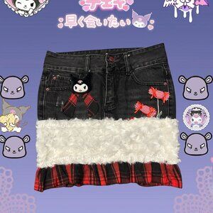 Black and red denim short with fur trim and a cute design